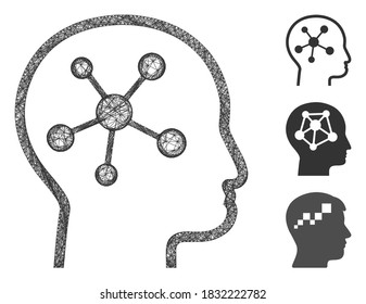 Mesh head brain polygonal web 2d vector illustration. Carcass model is based on head brain flat icon. Triangle mesh forms abstract head brain flat model.