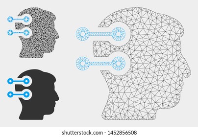 Mesh head connectors model with triangle mosaic icon. Wire frame polygonal mesh of head connectors. Vector composition of triangle parts in variable sizes, and color shades.