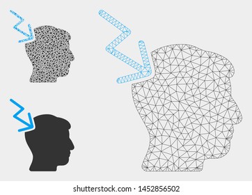 Mesh head electric strike model with triangle mosaic icon. Wire frame polygonal mesh of head electric strike. Vector mosaic of triangle elements in variable sizes, and color tints.