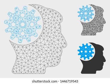 Mesh head gear model with triangle mosaic icon. Wire carcass triangular network of head gear. Vector mosaic of triangle elements in variable sizes, and color hues. Abstract 2d mesh head gear,