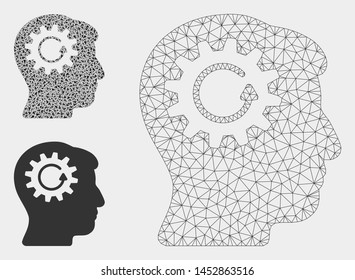 Mesh head gear rotation model with triangle mosaic icon. Wire frame triangular mesh of head gear rotation. Vector mosaic of triangle elements in different sizes, and color shades.