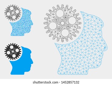 Mesh head gearwheel model with triangle mosaic icon. Wire frame triangular mesh of head gearwheel. Vector mosaic of triangle parts in different sizes, and color tones. Abstract 2d mesh head gearwheel,