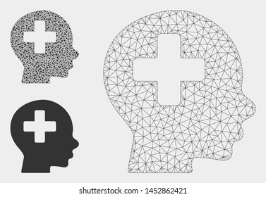 Mesh head medicine model with triangle mosaic icon. Wire carcass triangular network of head medicine. Vector mosaic of triangle parts in different sizes, and color hues.