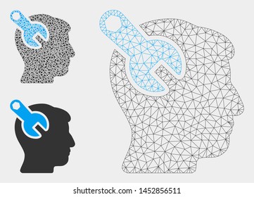 Mesh head neurology wrench model with triangle mosaic icon. Wire carcass triangular mesh of head neurology wrench. Vector mosaic of triangle elements in different sizes, and color tints.