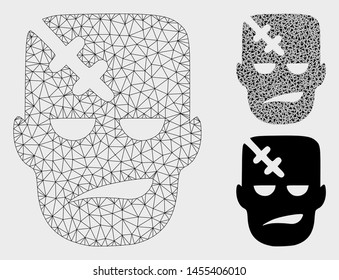 Mesh head patient model with triangle mosaic icon. Wire carcass polygonal mesh of head patient. Vector mosaic of triangle elements in different sizes, and color hues. Abstract flat mesh head patient,