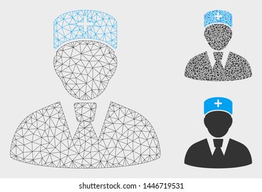 Mesh head physician model with triangle mosaic icon. Wire carcass polygonal mesh of head physician. Vector collage of triangle elements in different sizes, and color shades.