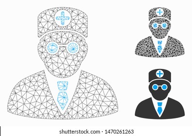 Mesh head physician model with triangle mosaic icon. Wire frame polygonal mesh of head physician. Vector mosaic of triangle elements in variable sizes, and color hues.