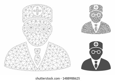 Mesh head physician model with triangle mosaic icon. Wire carcass polygonal mesh of head physician. Vector mosaic of triangle elements in various sizes, and color hues.
