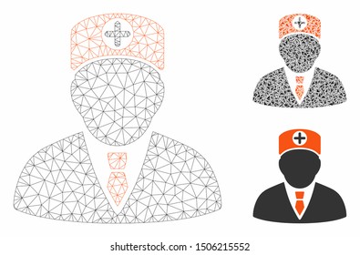 Mesh head physician model with triangle mosaic icon. Wire frame triangular mesh of head physician. Vector collage of triangle elements in variable sizes, and color tinges.