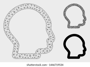 Mesh head profile model with triangle mosaic icon. Wire carcass polygonal mesh of head profile. Vector mosaic of triangles in variable sizes, and color tinges. Abstract 2d mesh head profile,