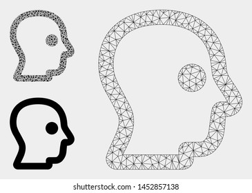 Mesh head profile model with triangle mosaic icon. Wire carcass triangular mesh of head profile. Vector mosaic of triangle parts in variable sizes, and color tinges. Abstract flat mesh head profile,