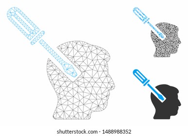 Mesh head screwdriver tuning model with triangle mosaic icon. Wire carcass triangular mesh of head screwdriver tuning. Vector mosaic of triangle parts in different sizes, and color tints.