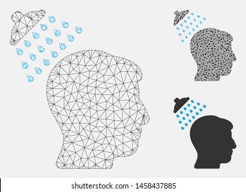 Mesh head shower model with triangle mosaic icon. Wire carcass polygonal mesh of head shower. Vector mosaic of triangles in different sizes, and color shades. Abstract 2d mesh head shower,