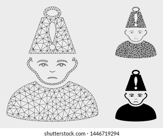 Mesh head stress model with triangle mosaic icon. Wire carcass polygonal mesh of head stress. Vector composition of triangle elements in different sizes, and color tones. Abstract 2d mesh head stress,