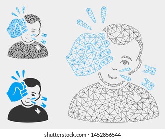 Mesh head strike model with triangle mosaic icon. Wire carcass polygonal mesh of head strike. Vector composition of triangle parts in variable sizes, and color tints. Abstract flat mesh head strike,