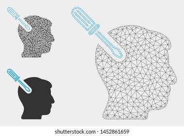 Mesh head surgery screwdriver model with triangle mosaic icon. Wire carcass triangular mesh of head surgery screwdriver. Vector mosaic of triangle elements in different sizes, and color tinges.