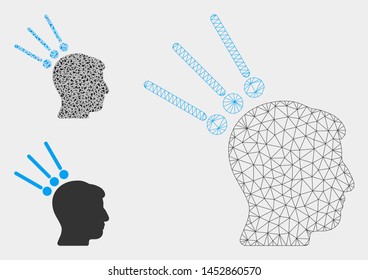 Mesh head test connectors model with triangle mosaic icon. Wire frame polygonal mesh of head test connectors. Vector mosaic of triangles in variable sizes, and color tinges.