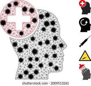 Mesh head treatment polygonal icon vector illustration, with black virus elements. Carcass model is based on head treatment flat icon, with covid items and polygonal mesh.