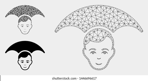 Mesh head umbrella model with triangle mosaic icon. Wire carcass polygonal mesh of head umbrella. Vector mosaic of triangle parts in various sizes, and color tones. Abstract flat mesh head umbrella,