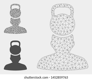 Mesh head weight stress model with triangle mosaic icon. Wire frame triangular mesh of head weight stress. Vector composition of triangle elements in various sizes, and color hues.