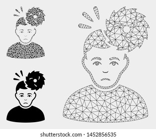 Mesh headache model with triangle mosaic icon. Wire carcass triangular mesh of headache. Vector mosaic of triangle elements in various sizes, and color tinges. Abstract flat mesh headache,