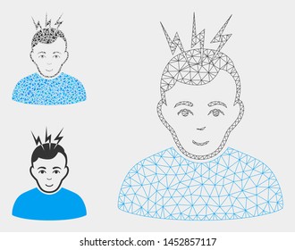 Mesh headache model with triangle mosaic icon. Wire frame polygonal mesh of headache. Vector composition of triangle parts in variable sizes, and color shades. Abstract flat mesh headache,