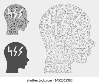 Mesh headache model with triangle mosaic icon. Wire carcass triangular mesh of headache. Vector mosaic of triangle parts in various sizes, and color tinges. Abstract 2d mesh headache,