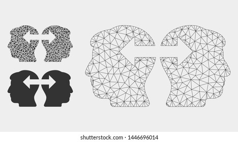 Mesh heads exchange arrows model with triangle mosaic icon. Wire carcass polygonal mesh of heads exchange arrows. Vector mosaic of triangles in various sizes, and color tones.