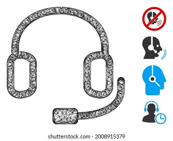 Mesh headset web icon vector illustration. Carcass model is based on headset flat icon. Network forms abstract headset flat model. Wire frame 2D web network isolated on a white background.