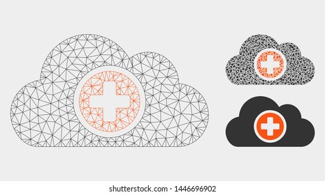 Mesh health care cloud model with triangle mosaic icon. Wire carcass triangular network of health care cloud. Vector mosaic of triangle parts in variable sizes, and color hues.