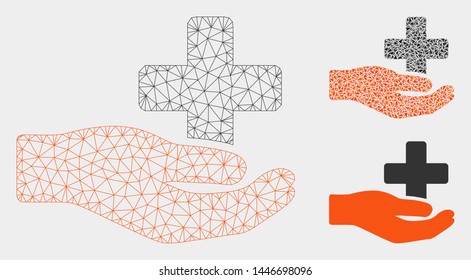 Mesh health care donation model with triangle mosaic icon. Wire carcass triangular mesh of health care donation. Vector collage of triangle parts in variable sizes, and color tinges.