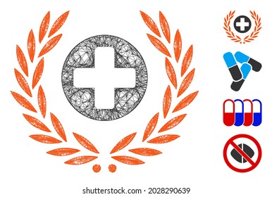 Mesh health care embleme web 2d vector illustration. Carcass model is based on health care embleme flat icon. Network forms abstract health care embleme flat carcass.