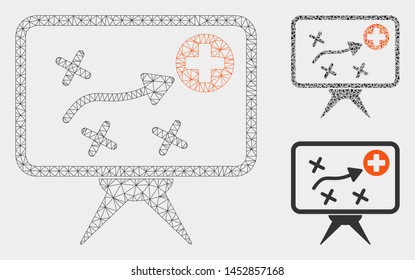 Mesh health strategy model with triangle mosaic icon. Wire carcass polygonal mesh of health strategy. Vector mosaic of triangles in various sizes, and color tints. Abstract 2d mesh health strategy,