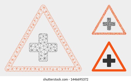 Mesh health warning model with triangle mosaic icon. Wire frame triangular mesh of health warning. Vector collage of triangle parts in variable sizes, and color tinges.