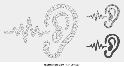 Mesh hearing signal model with triangle mosaic icon. Wire carcass triangular mesh of hearing signal. Vector mosaic of triangles in different sizes, and color hues. Abstract 2d mesh hearing signal,