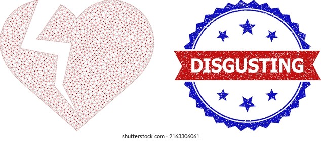 Mesh heart break wireframe icon, and bicolor grunge Disgusting stamp. Mesh carcass symbol is designed with heart break icon. Vector imprint with Disgusting tag inside red ribbon and blue rosette,