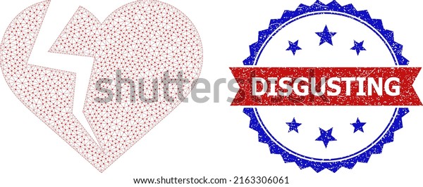 Mesh heart break wireframe icon, and bicolor
grunge Disgusting stamp. Mesh carcass symbol is designed with heart
break icon. Vector imprint with Disgusting tag inside red ribbon
and blue rosette,