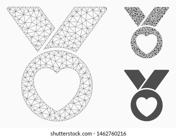 Mesh heart care award model with triangle mosaic icon. Wire frame polygonal network of heart care award. Vector composition of triangle parts in variable sizes, and color tones.