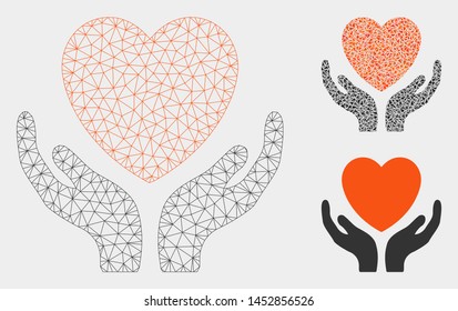 Mesh heart care model with triangle mosaic icon. Wire carcass polygonal mesh of heart care. Vector collage of triangle elements in variable sizes, and color hues. Abstract 2d mesh heart care,