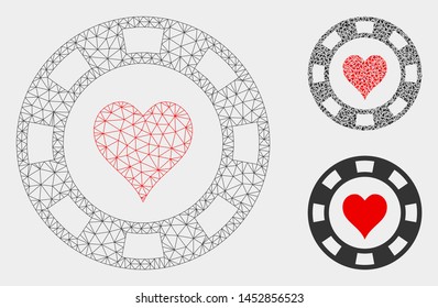 Mesh heart casino chip model with triangle mosaic icon. Wire carcass triangular mesh of heart casino chip. Vector mosaic of triangle parts in different sizes, and color hues.