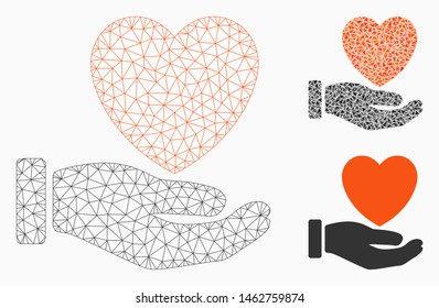 Mesh heart charity model with triangle mosaic icon. Wire carcass triangular mesh of heart charity. Vector collage of triangles in variable sizes, and color shades. Abstract 2d mesh heart charity,