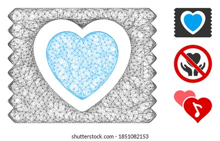 Mesh heart condom pack polygonal web icon vector illustration. Model is based on heart condom pack flat icon. Triangle mesh forms abstract heart condom pack flat carcass.