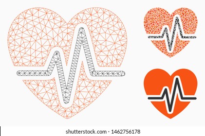 Mesh heart diagram model with triangle mosaic icon. Wire frame triangular network of heart diagram. Vector mosaic of triangle parts in different sizes, and color tones. Abstract 2d mesh heart diagram,