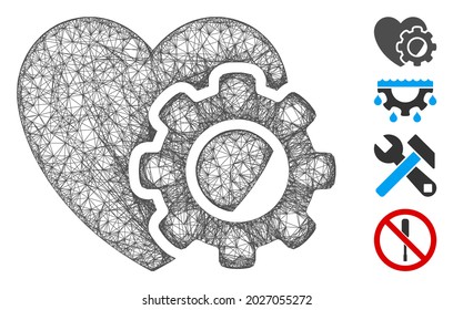 Mesh heart gear web 2d vector illustration. Model is based on heart gear flat icon. Network forms abstract heart gear flat model. Wire frame 2D web network isolated on a white background.