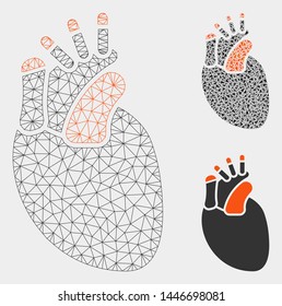 Mesh heart model with triangle mosaic icon. Wire carcass triangular mesh of heart. Vector composition of triangle elements in various sizes, and color tints. Abstract flat mesh heart,