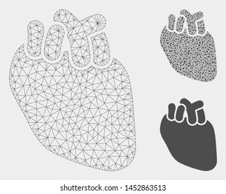 Mesh heart organ model with triangle mosaic icon. Wire carcass polygonal mesh of heart organ. Vector mosaic of triangle elements in different sizes, and color shades. Abstract 2d mesh heart organ,