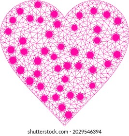 Mesh heart polygonal icon vector illustration, with infectious items. Model is based on heart flat icon, with virus items and triangular mesh. Triangular mesh forms abstract heart flat carcass.