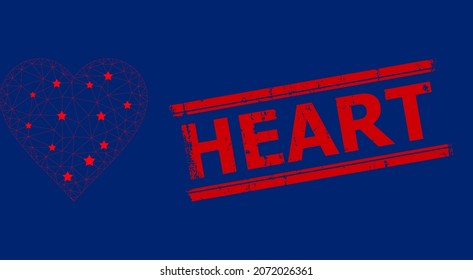 Ilustración vectorial de ícono poligonal de malla y sello de goma COART rojo. El modelo de canal se crea a partir de un icono de la llanura cardíaca, con estrellas y red poligonal. El título HEART está entre líneas paralelas.