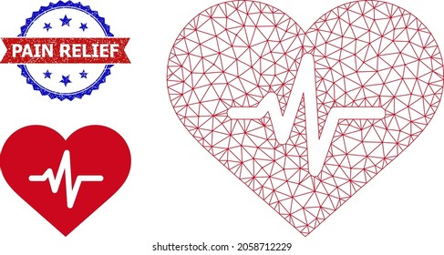 Mesh heart pulse model icon, and bicolor unclean Pain Relief seal. Mesh wireframe image designed with heart pulse pictogram. Vector seal with Pain Relief caption inside red ribbon and blue rosette,