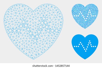 Mesh heart pulse model with triangle mosaic icon. Wire frame triangular mesh of heart pulse. Vector mosaic of triangles in various sizes, and color shades. Abstract flat mesh heart pulse,
